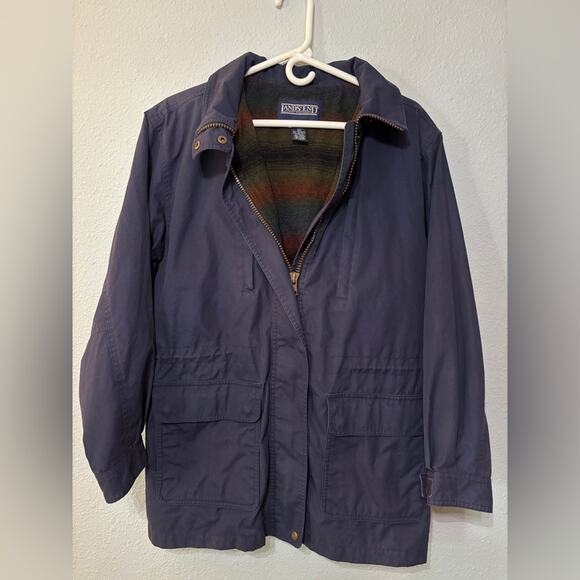 Lands’ End 90s Vintage Wool Lined Hooded Barn Chore Coat Navy Blue M 10 12 - Picture 1 of 4